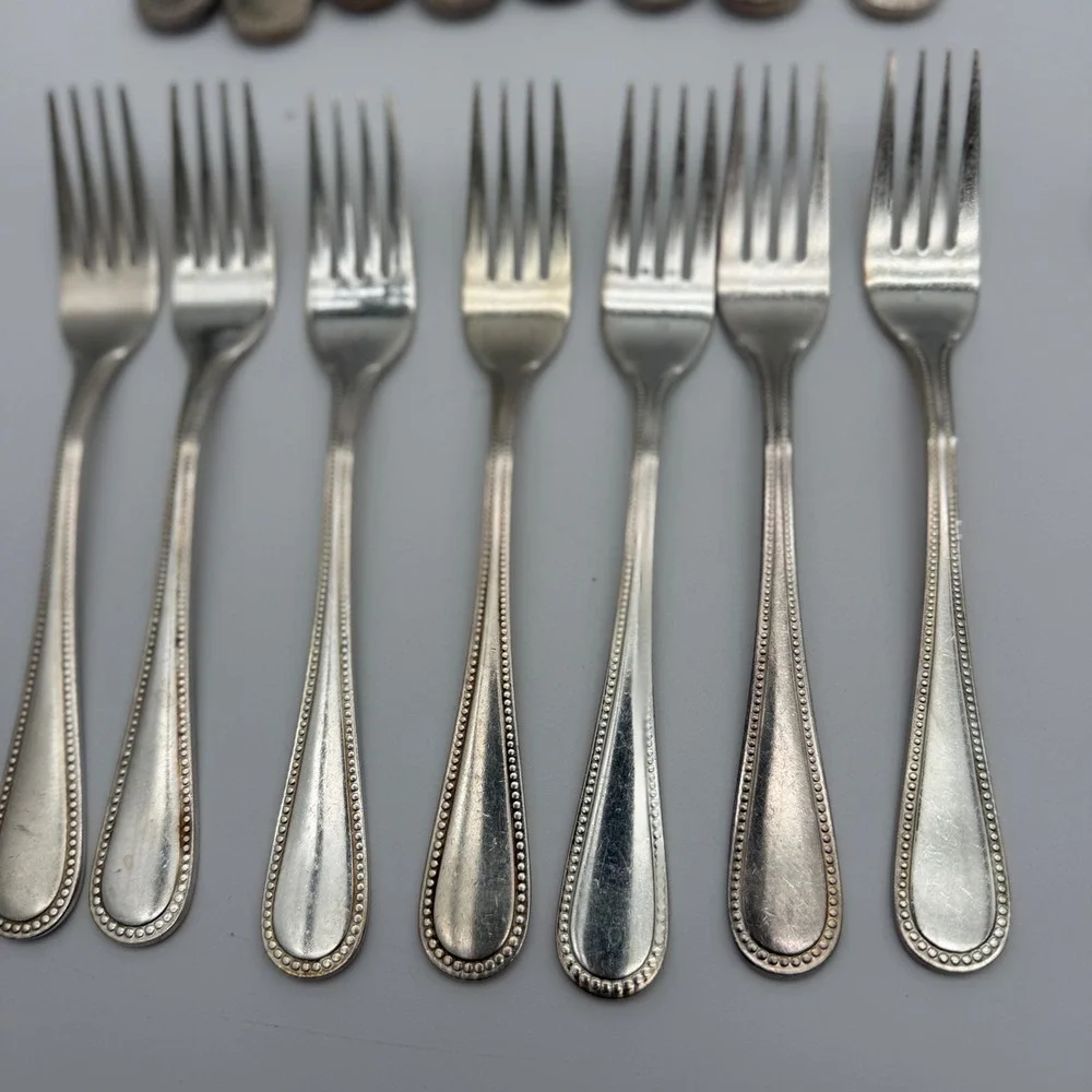 International Silver Stainless Flatware Set 27pc Beaded Pattern Korea Glossy